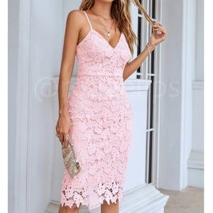 Guipure Lace Baby Pink Bodycon Dress Cami V-Neck Knee to Midi